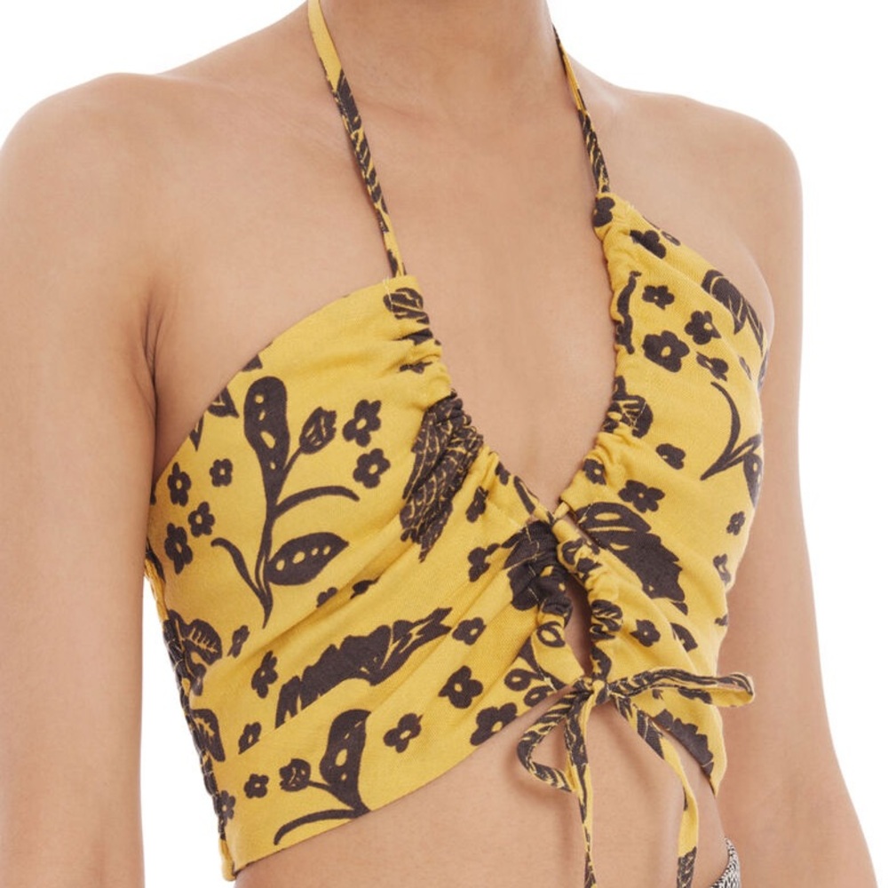 Yellow & Brown Pattern Floral Tie Wrap Crop Top